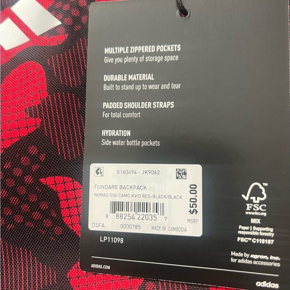 ❤️Adidas Camo Red and Black Men's Backpack (New) MULTIPLE ZIPPERED POCKETS - Picture 5 of 6